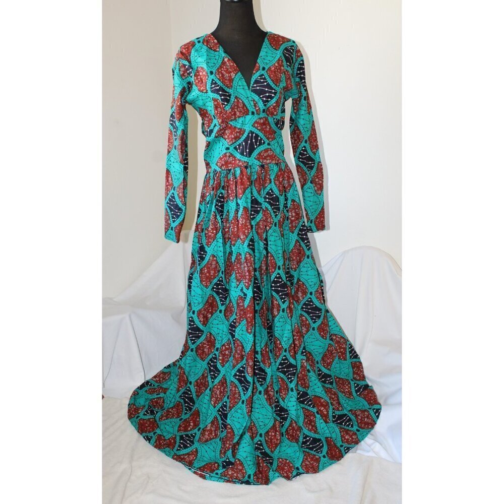 Handmade African multicolor Prairie Maxi dress M Tall Long sleeve zip up Tribal - Picture 6 of 13